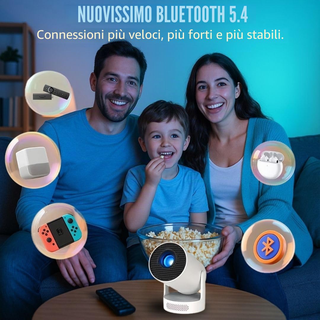 Mini proiettore 1080P Full HD supporto & 720P nativo, portatile WiFi 6 e Bluetooth 5.4, piccolo auto Keystone e rotazione 180°, compatibile con HDMI/TV Stick