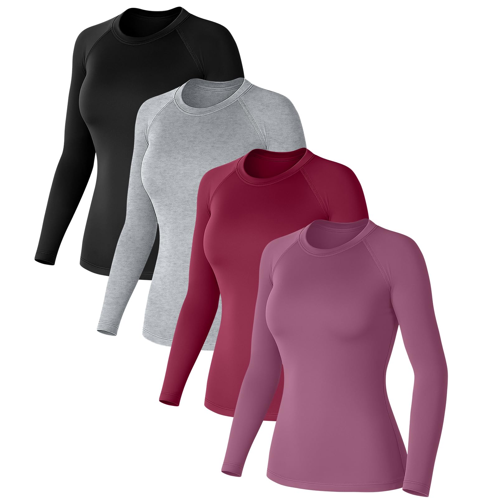 Coume Lot de 4 t-shirts de compression à manches longues et col rond pour femme - Séchage rapide - Pour gym, course à pied, sport athlétique