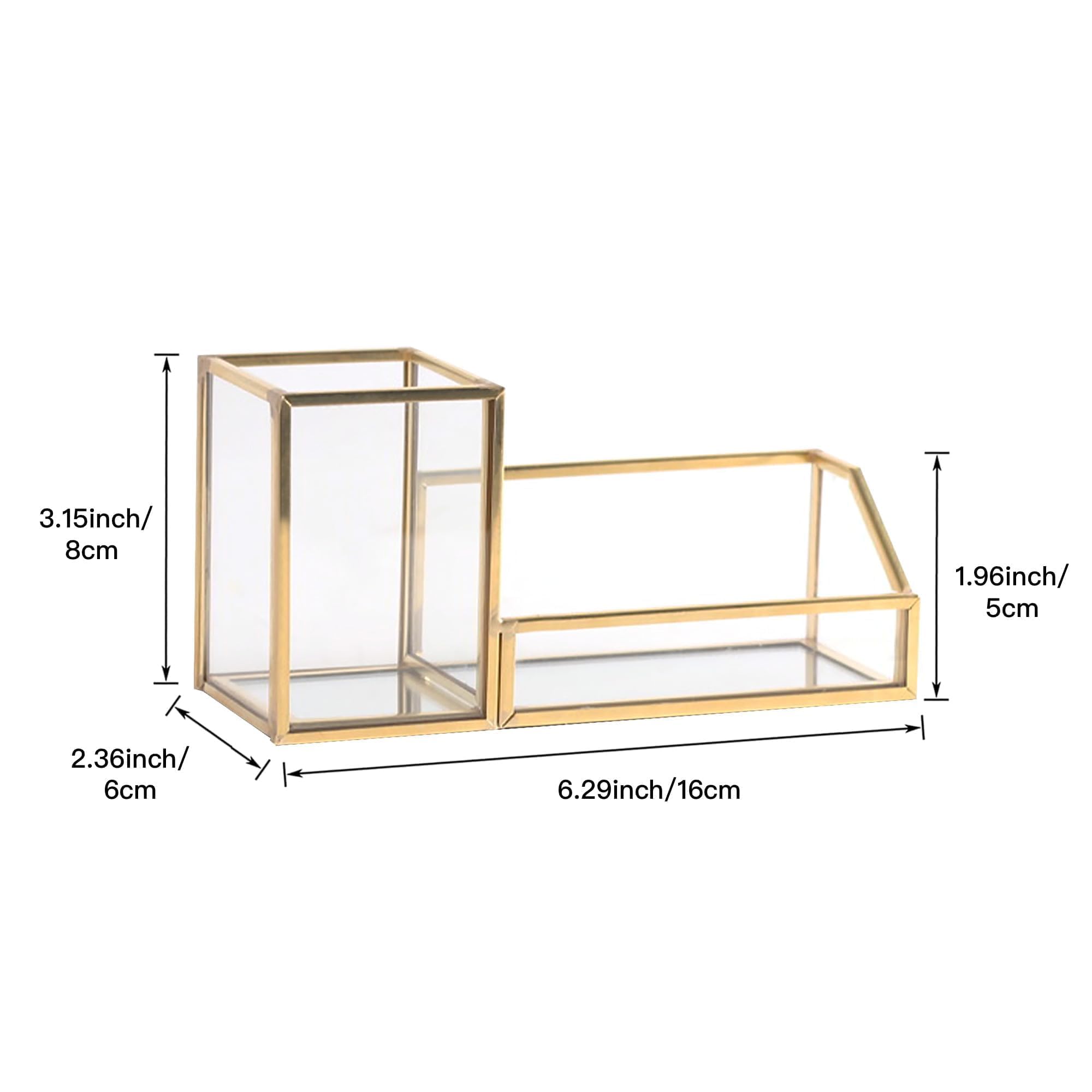 Feyarl Gold Glass Business Card Holder Pen Pencil Holder Clear Desktop Business Name Card Display Stand Organizer Case for Office Desktop Meeting Salons Countertop 2 Slots - Image 2