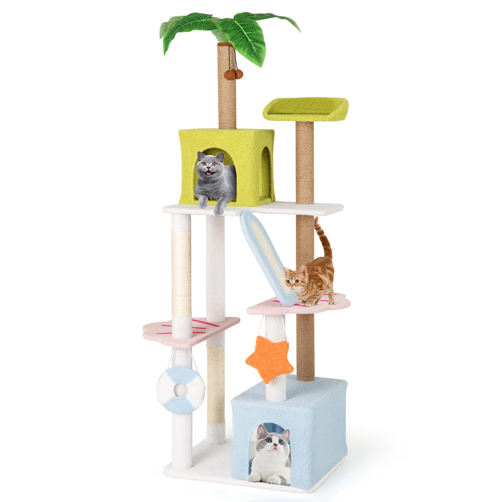 Tangkula 71 Inch Tall Cat Tree, Multi-Level Aesthetic Beach-Themed Cat Tower with Sisal & Jute Scratching Posts, 2 Cat Condos, Perch, Artificial Plant, Hanging Toys, Indoor Cat Activity Center