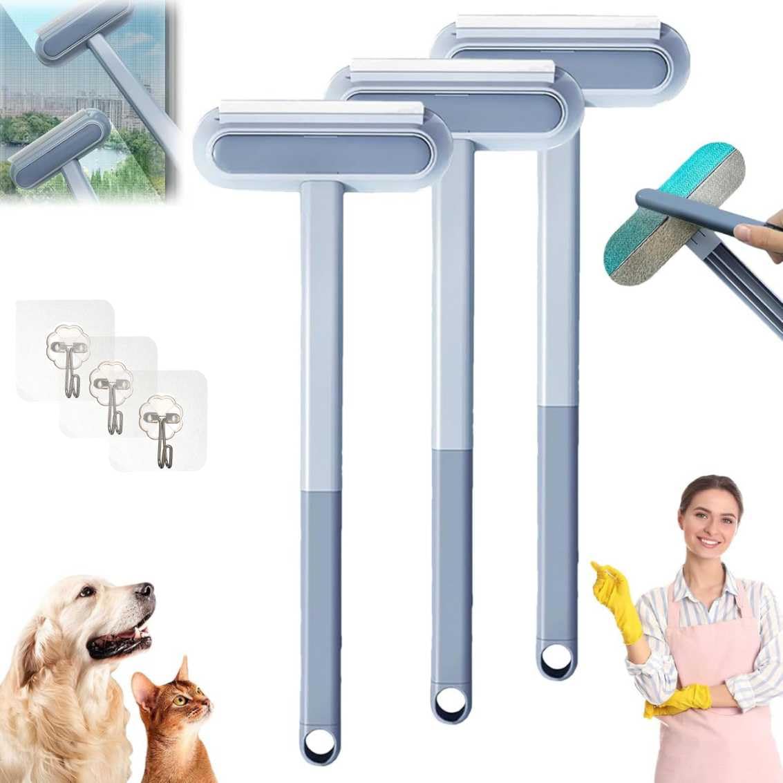 Yelschwa Pet Hair Remover 3PCS, Pet Hair Cleaning Brush With Squeegee, Bidirectional Brush Head, Extended Handle, Reusable, Blue, White