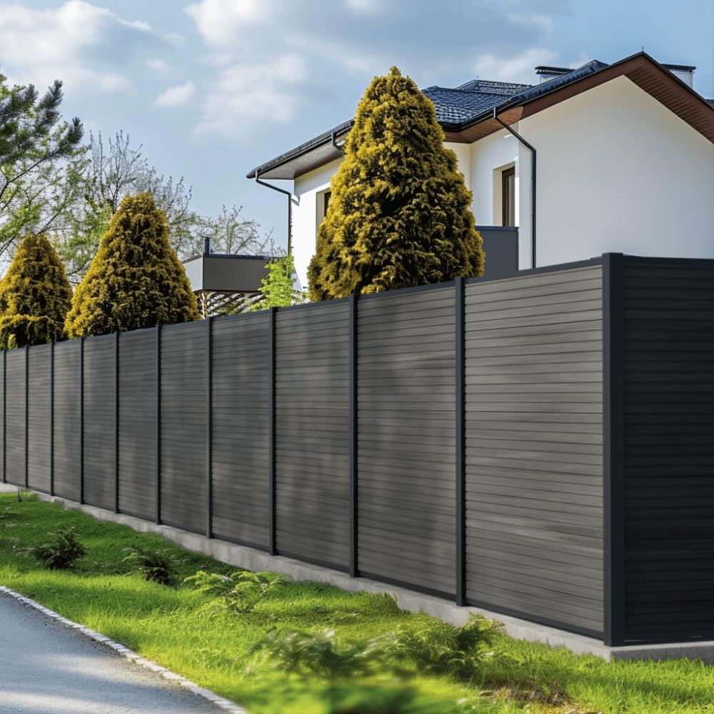 WPC Zaun SANTOS Schiefer 16,5 x 1,8 m – Verbundholz und Aluminium – graue Pfosten – Verdeckung