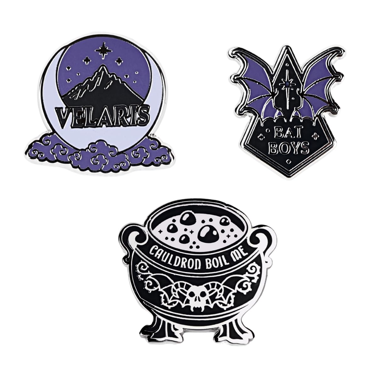 ConQuest Journals A Court of Thorns and Roses 3-Pack Enamel Pin Set, Silver Plating & Violet Accents, Rubber Backers, ACOTAR Pins for Jackets, Bags &