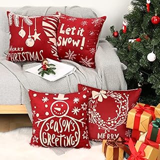 Lewondr Christmas Pillow Covers 18 x 18 Set of 4 Square Sofa Velvet Cushion Covers Xmas Holiday Home Decor Snowflake Garland Pillowcases for Sofa Bed, Red&White