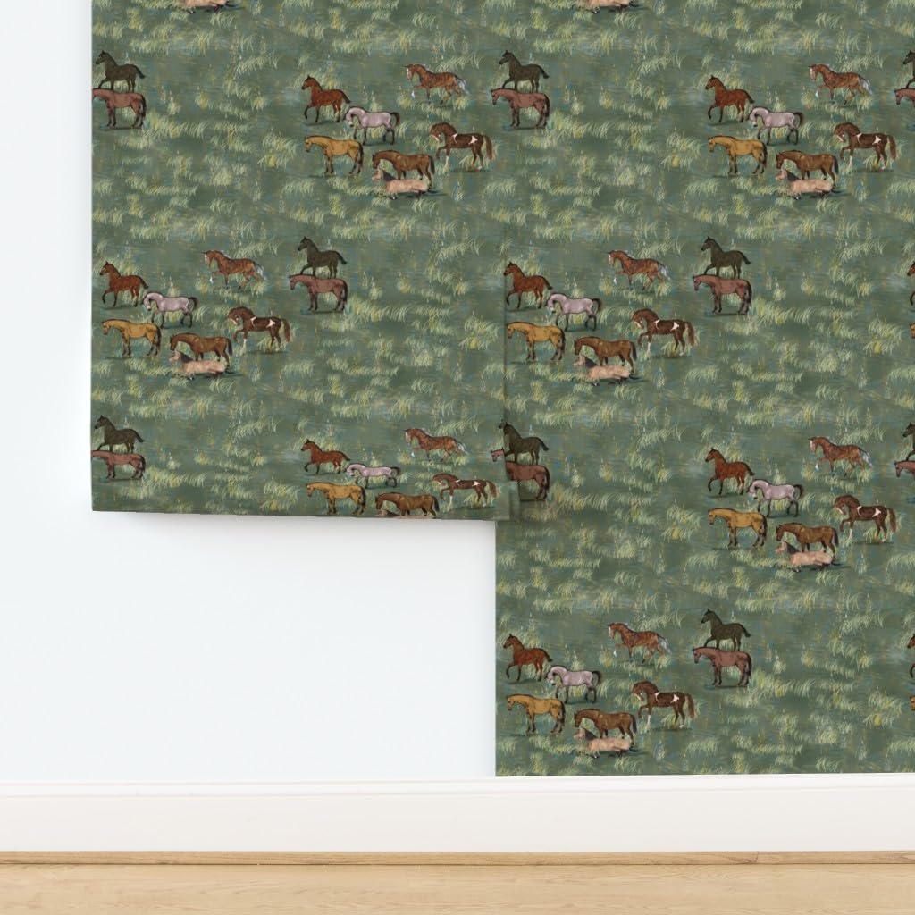 Removable Wallpaper 3ft x 2ft - Wild Horses Green Brown Horse Landscape Equestrian Field Pony Custom Pre-Pasted Wallpaper by Spoonflower