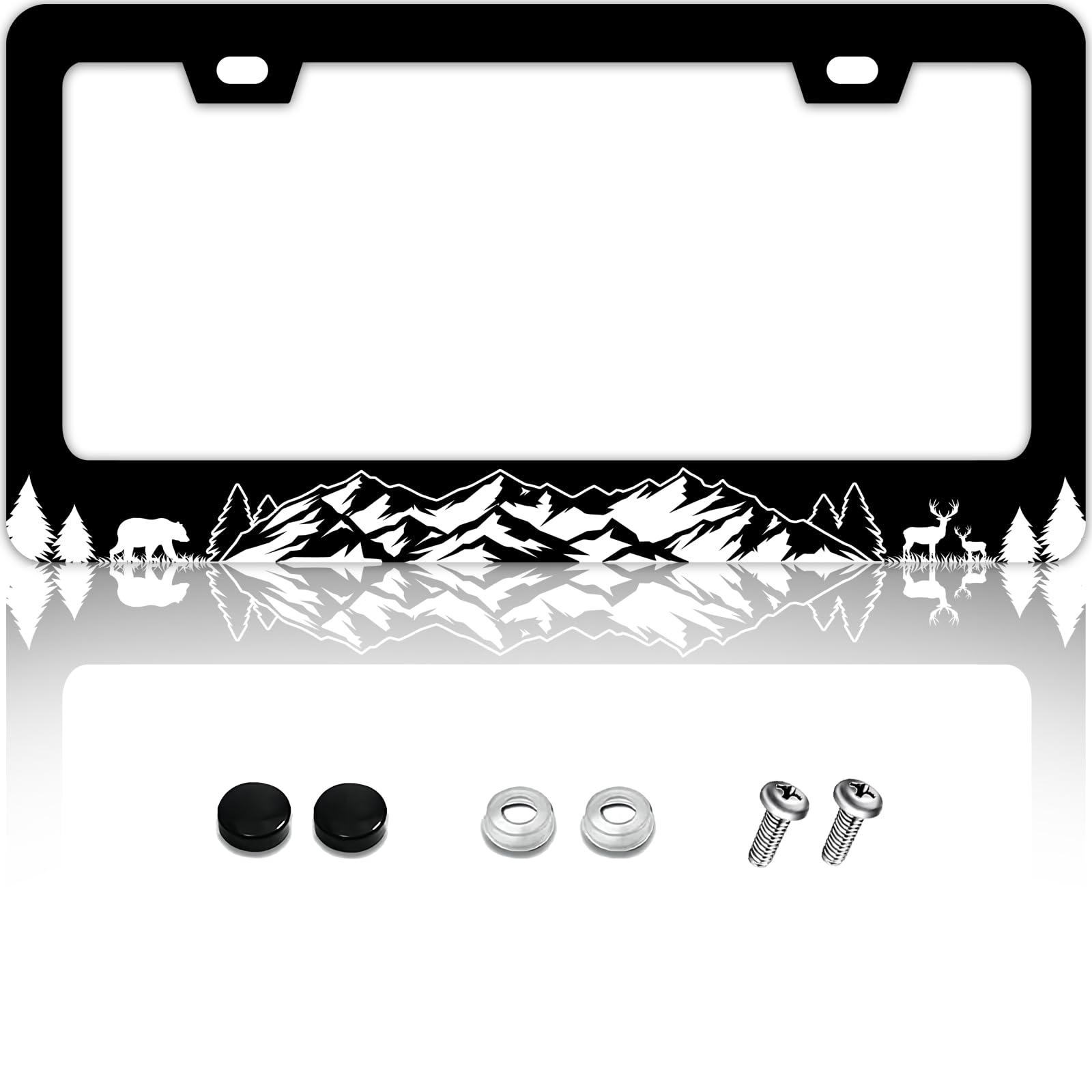 FIORDY Mountain License Plate Frame Personalized Deer Bear License Plate Frames Auto Accessory Bracket Stainless Steel License Plate Holder with