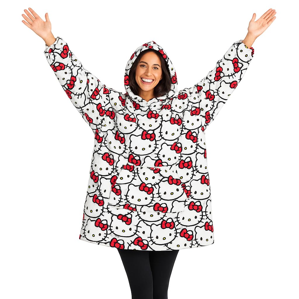 Kanguru, Felpa Coperta Donna con cappuccio, Hello Kitty Hoodie Oversize, plaid con maniche indossabile, idea regalo donna Natale o Compleanno, in pile 100% Microfibra, 85x75 cm vestibilità larga