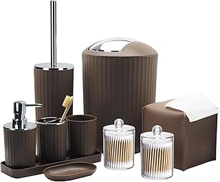 Badezimmer-Zubehör-Set,10-teiliges braunes Badezimmer-Zubehör-Set mit Mülleimer, Zahnbürstenhalter und Tasse, Seifenspender, Seifenschale, WC-Bürstenhalter, Qtip-Halter, Taschentuchbox Abdeckung