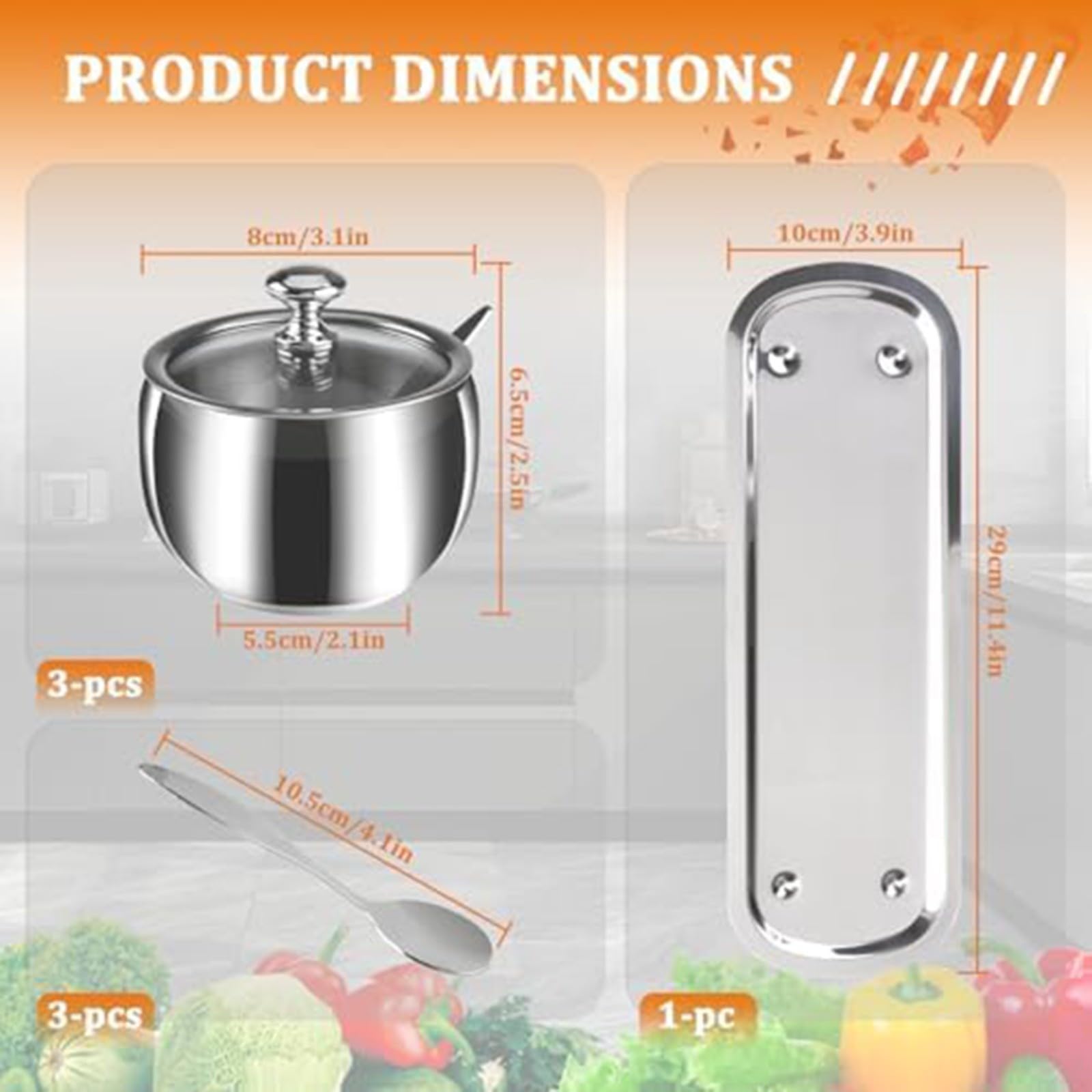 Zuckerdosen-Set aus Edelstahl mit Löffel und Tablett, 3 Fächer, Gewürz-Organizer für Salz und Gewürze, 300 ml, Küchenbehälter, Silber (drei)