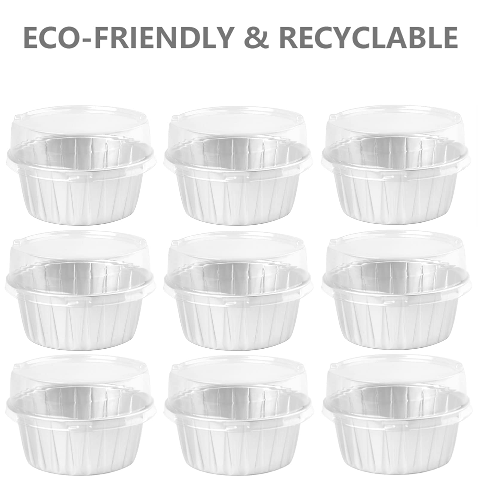 DEAYOU Paquete de 100 tazas de papel de aluminio para magdalenas, 5 onzas desechables para hornear magdalenas con tapa, boda, color plateado