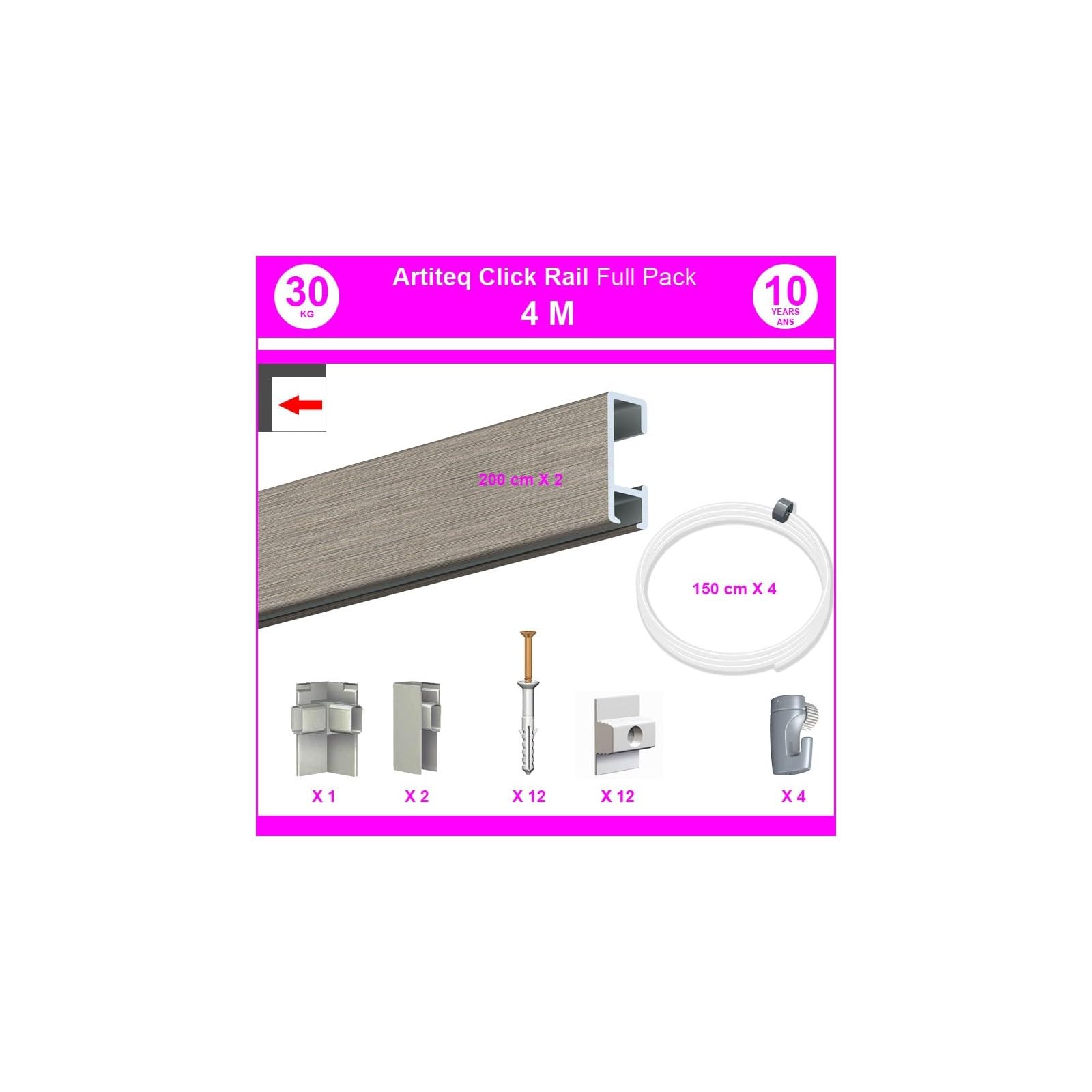 Arti Teq - Pack Eco 4 mètres de cimaise Click Rail couleur Aluminium - Solution suspension cadres et tableaux - Argent