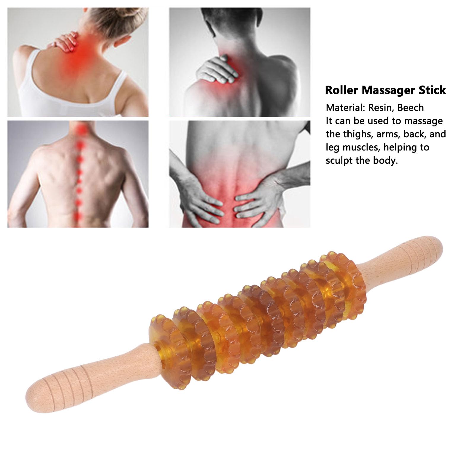 Gebogener Massageroller mit 9 Rädern, manuelles Therapie-Muskelwerkzeug aus Holz für die Lymphdrainage, Cellulite-Massage (Gelb)