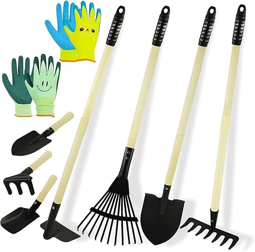 POMIKU 7 piezas de herramientas de jardinería y guantes de jardinería para niños para trabajo en el patio exterior, para niños y niñas de 3, 4, 5,