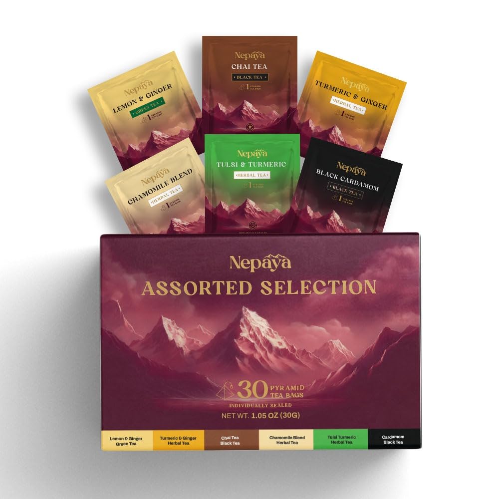 Nepaya Assorted Tea Sampler Gift Set – 30 Pyramid Tea Bags, 6-Variety Pack (Herbal, Green & Black), Biodegradable, Himalayan Whole-Leaf, Individually Packed