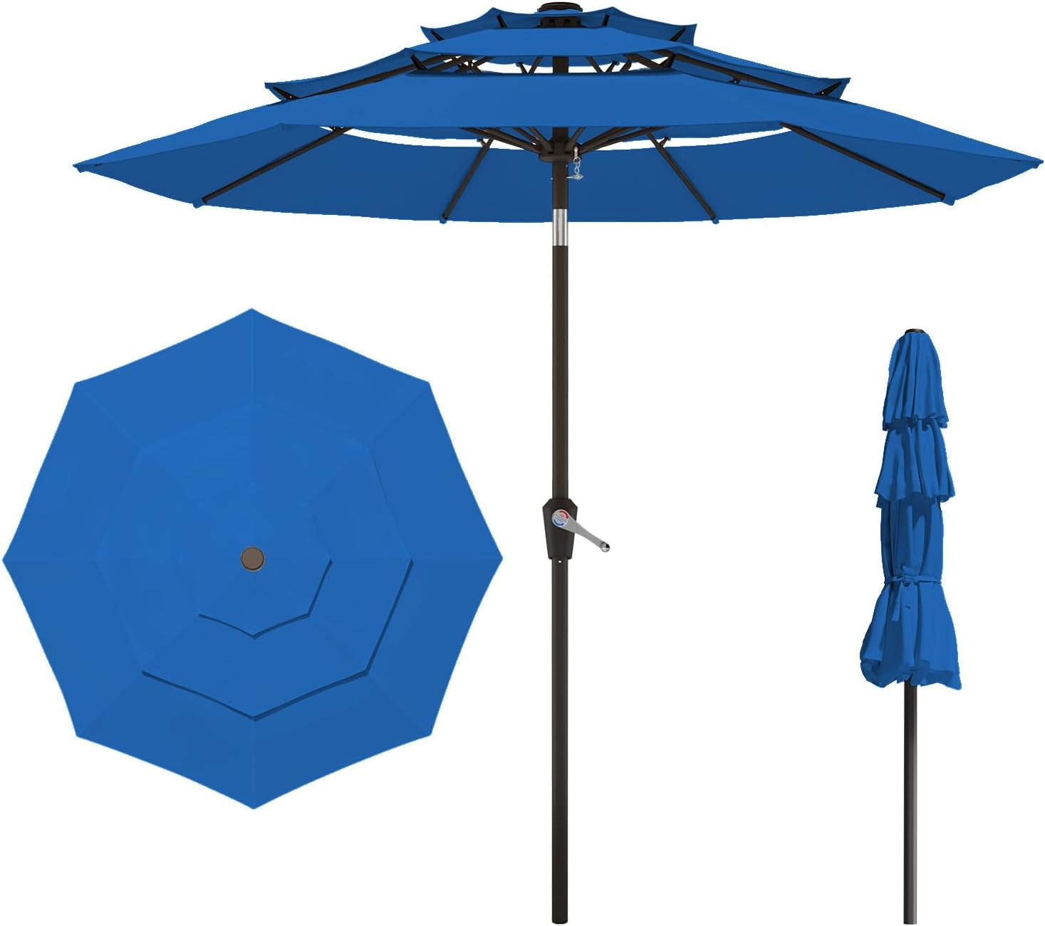 9FT 3 Tiers Patio Umbrella with Push Button Tilt/Crank, Outdoor Market Umbrella with 8 Sturdy Ribs for Garden, Lawn, Deck, Backyard and Pool (Royal Blue) Royal Blue 9FT