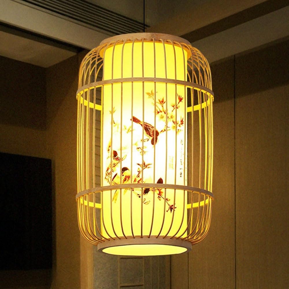 LQZCXMF 1 Pack 15.7'' H Bamboo Cage Lampshades Chinese Zen Style Farmhouse Chandelier Adjustable Coastal Restaurant Ceiling Lamp Shade for Dining Room, Living Room, Entryway, Foyer 1-Pack