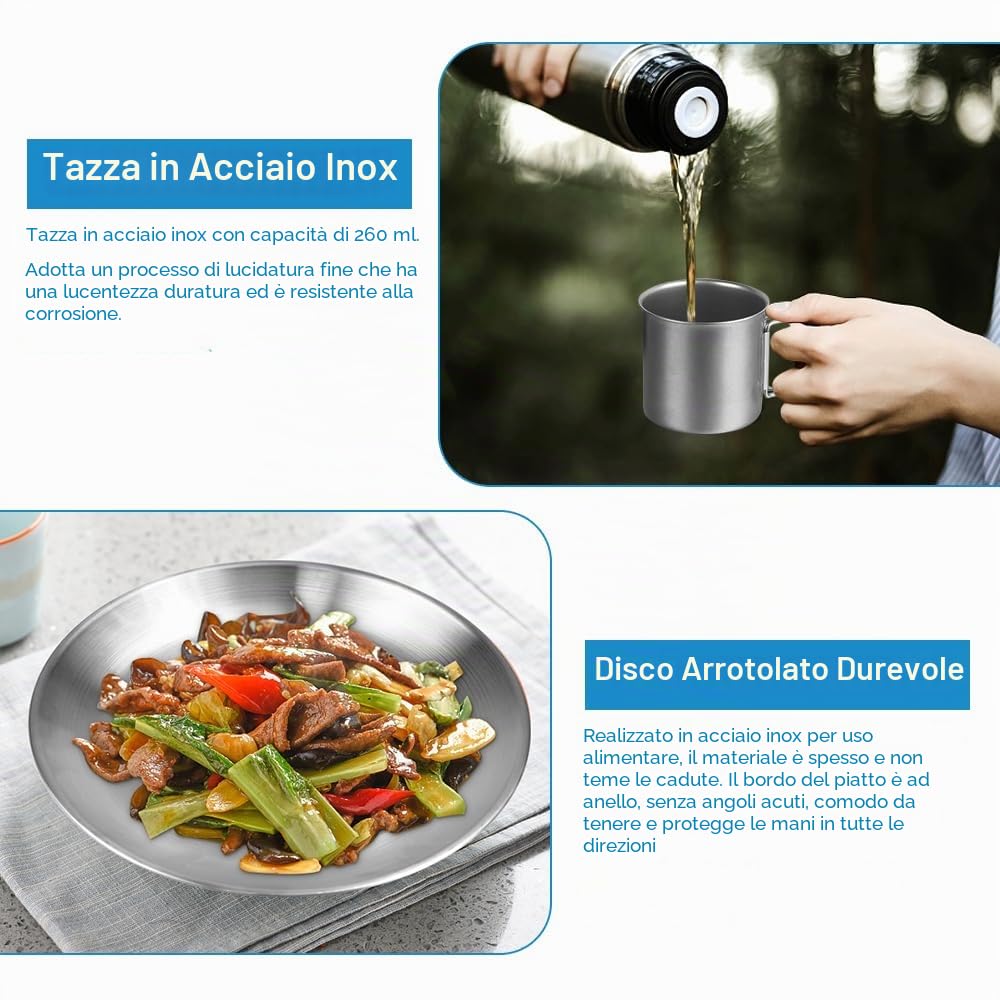 REFORUNG Set di Stoviglie per Esterni in Acciaio Inossidabile Set Piatti Bicchieri e Posate Campeggio con Piatto Tazza Ciotola Posate con Sacchetto a Rete per Picnic Pentole All'aperto (8 Pz)