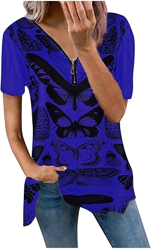 JEGULV Camisetas de verano para mujer, manga corta, hombros descubiertos, a la moda, sexy, cuello en V profundo, túnica con cremallera, blusa de