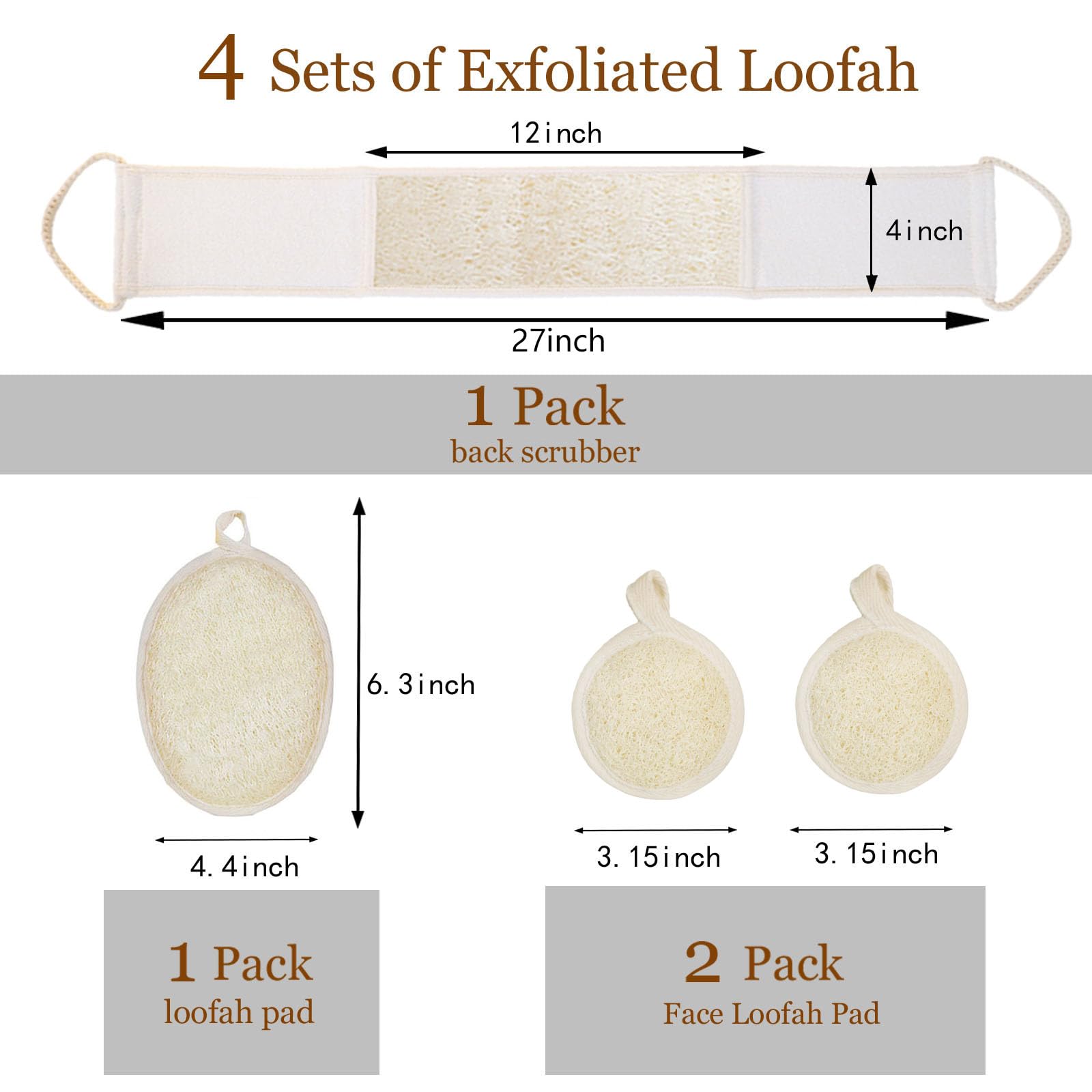 Esponja exfoliante corporal de lufa natural (paquete de 4), almohadilla facial de lufa natural para baño y ducha, para mujeres y hombres, fabricada con almohadillas de lufa ecológicas y