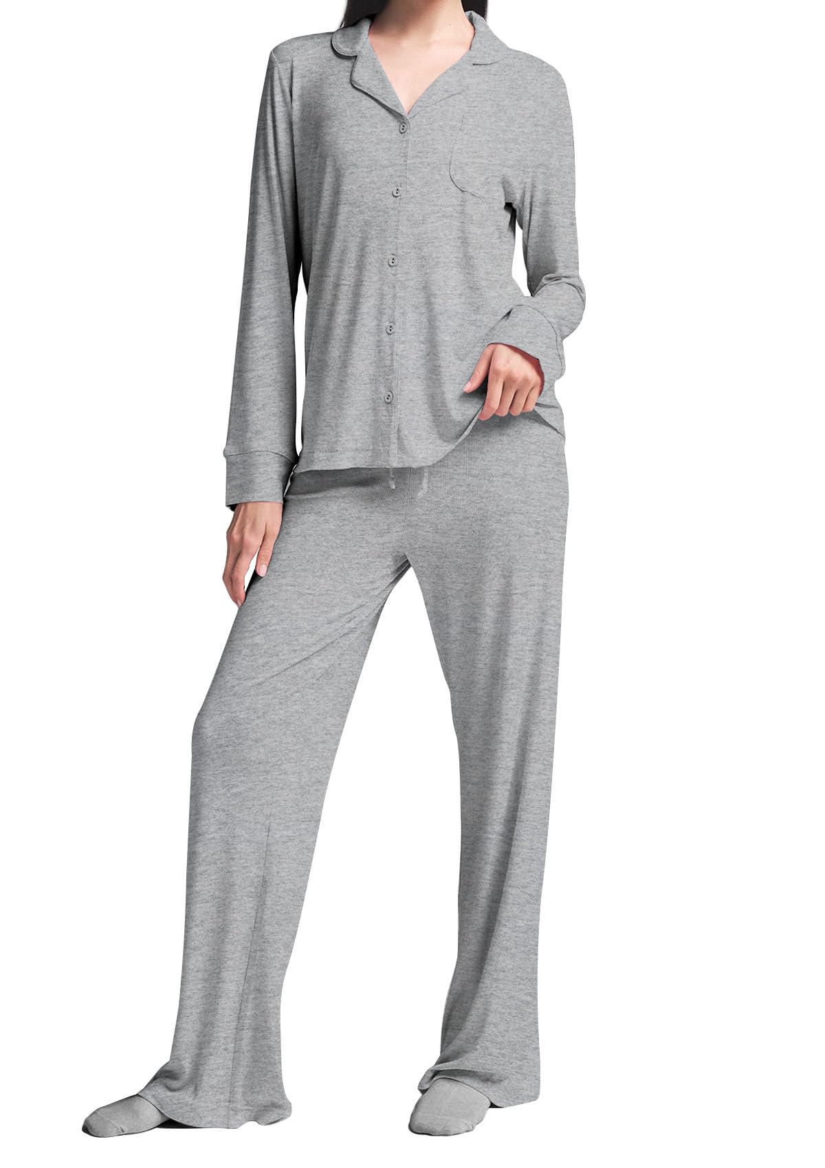 Womens Pajama Sets 2 Piece Button Down Long Sleeve Soft Knitted Sleepwear Pjs Lounge Sets Nightwear