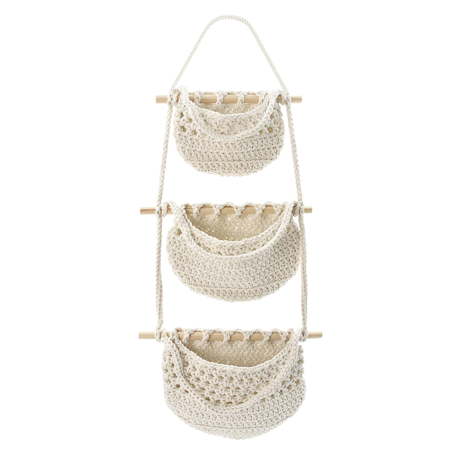 AolKee 3 Tier Hanging Organiser Wall Hanging Bag, Rope Woven Wall Hanging Storage Basket, Hanging Fruit Basket