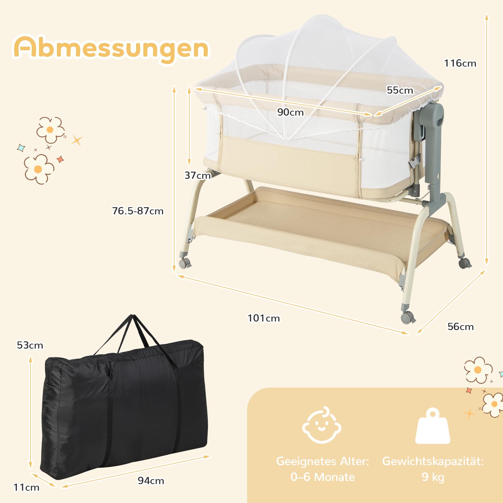 DREAMADE 3 in 1 Baby Beistellbett, 90 × 55cm Reisebett mit Matratze, Moskitonetz & 4 Rädern, 6-stufig-höhenverstellbar Stubenwagen mit Neigung, Babywiege für Säuglinge 0-6 Monate (Beige)