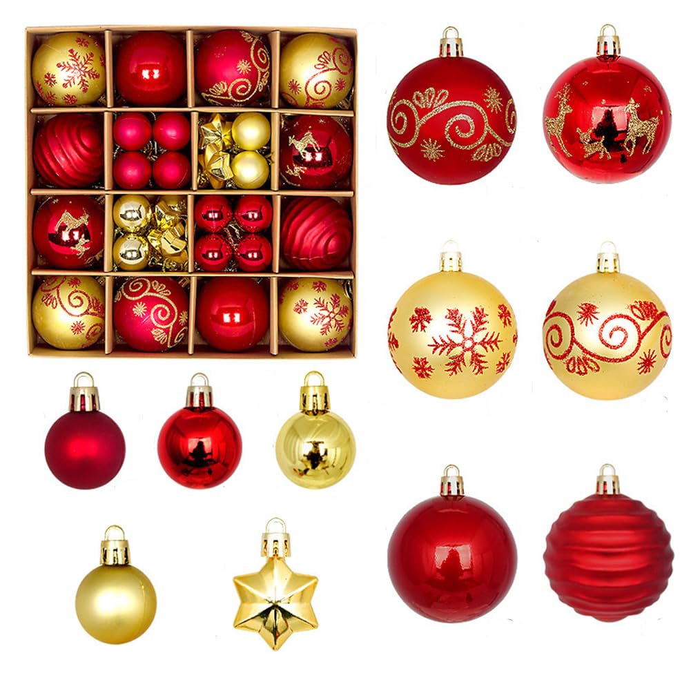 44 esferas decorativas colgantes para árbol de Navidad, decoraciones de árbol de Navidad inastillables para colgar al aire libre, patio, césped (rojo y dorado, 1.2 a 2.36 pulgadas)
