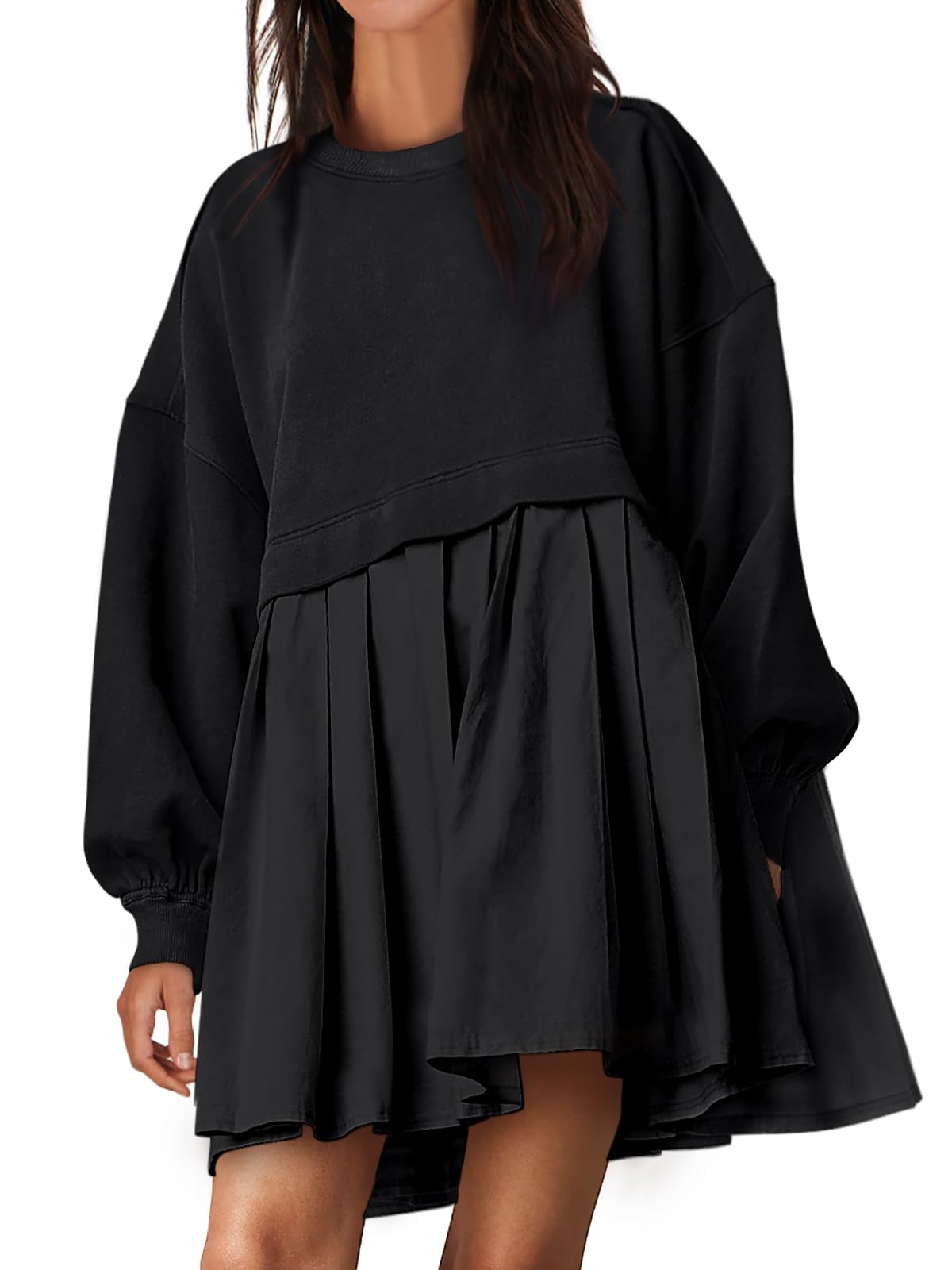 Photo 1 of ANRABESS Women Oversized Sweatshirts Hoodie Dress Long Sleeve Crewneck Casual Baggy Patchwork Pleated Flowy Mini Dresses Black Medium