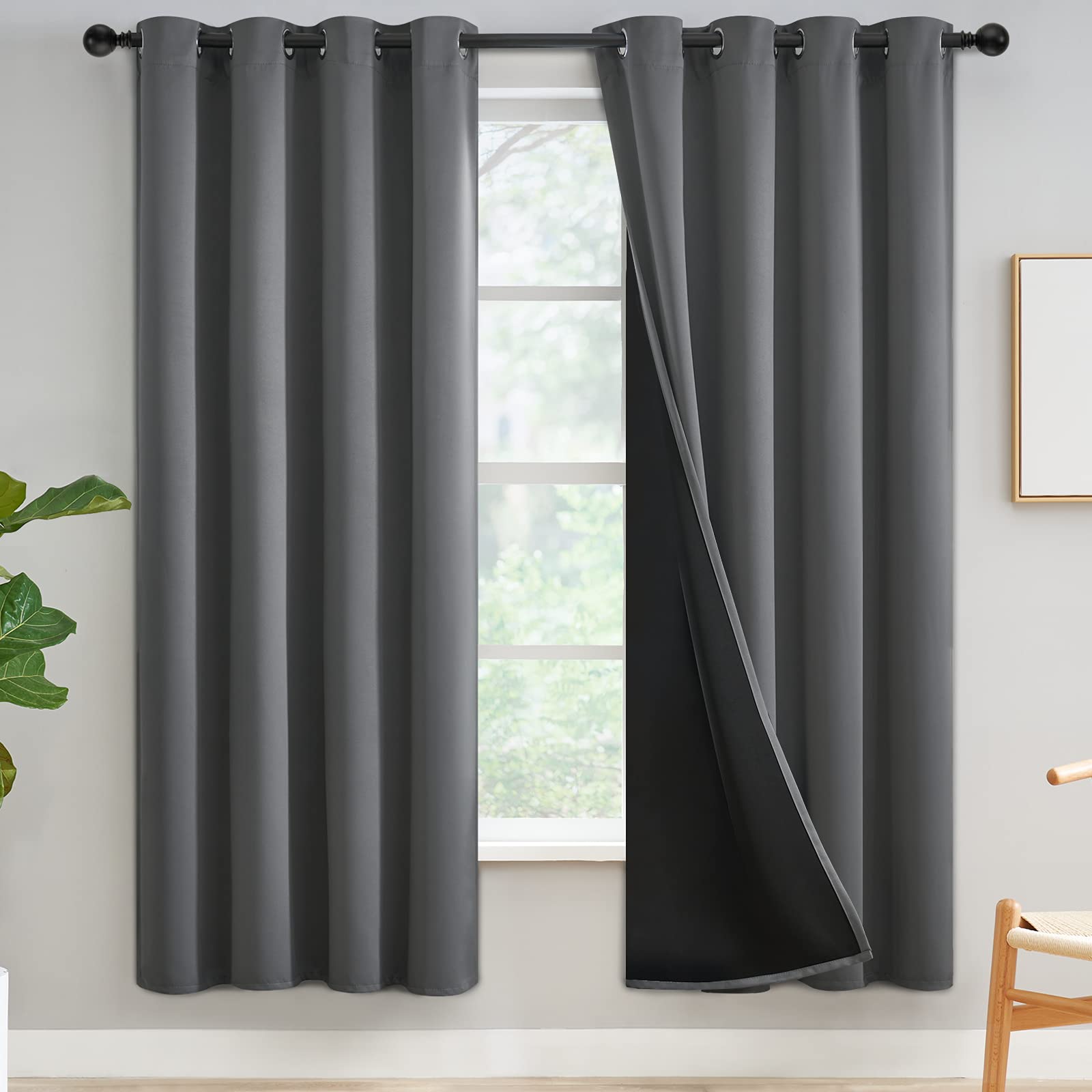 Yakamok 100% Blackout Curtains for Bedroom 72 Inch Length, Gray Total Light Blocking Drapes with Black Backing, Soft Thermal Insulated Solid Grommet