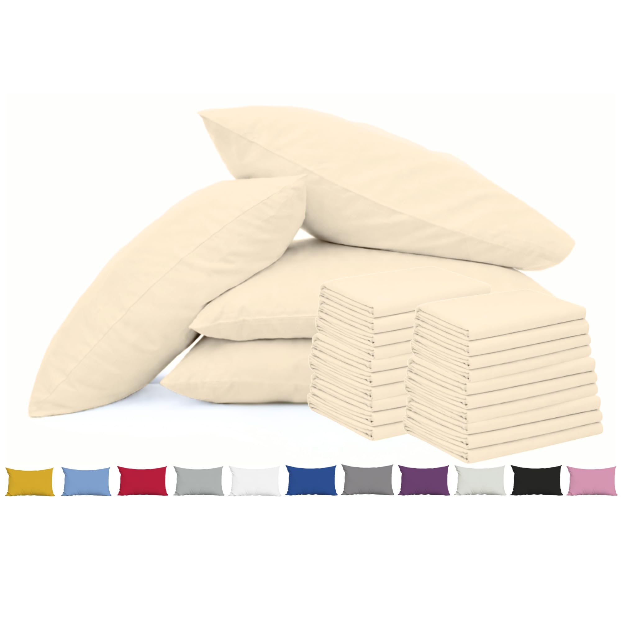 Pillow Cases 50 Pack Cream - 100% Brushed Microfibre UK-Standard Size 50x75cm Envelope Closure Pillowcases - OEKO-TEX Certified, Wrinkle & Fade Resistant Pillow Covers (Pack of 50, Cream)