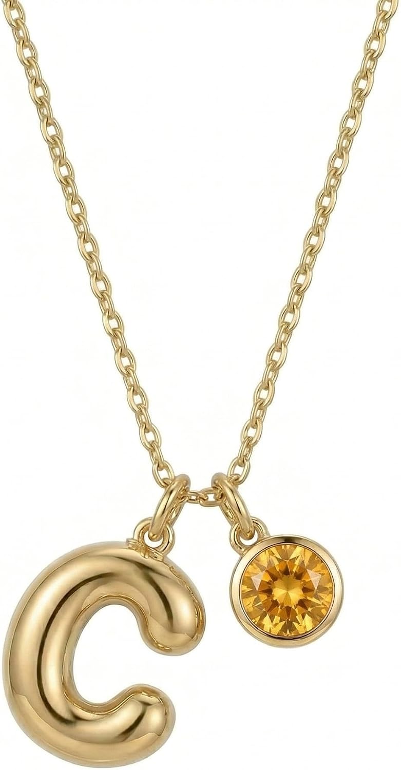 18k Gold Alphabets A to Z Initial Letter Pendant Necklace with Birthstone Fashion Jewelry Christmas Birthday Gifts for Women Her Wife Girlfriend