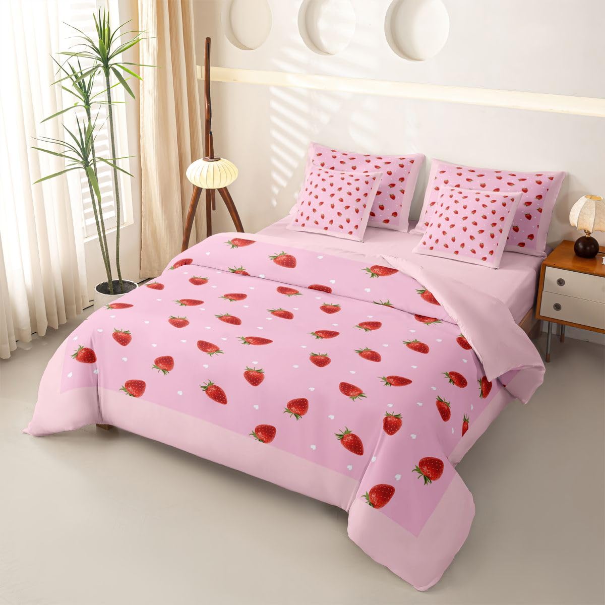 Loussiesd Juego de funda de edredón de 7 piezas con estampado de fresas kawaii, tamaño doble, juego de ropa de cama completo con funda de edredón, sábanas, fundas de almohada y fundas de cojín