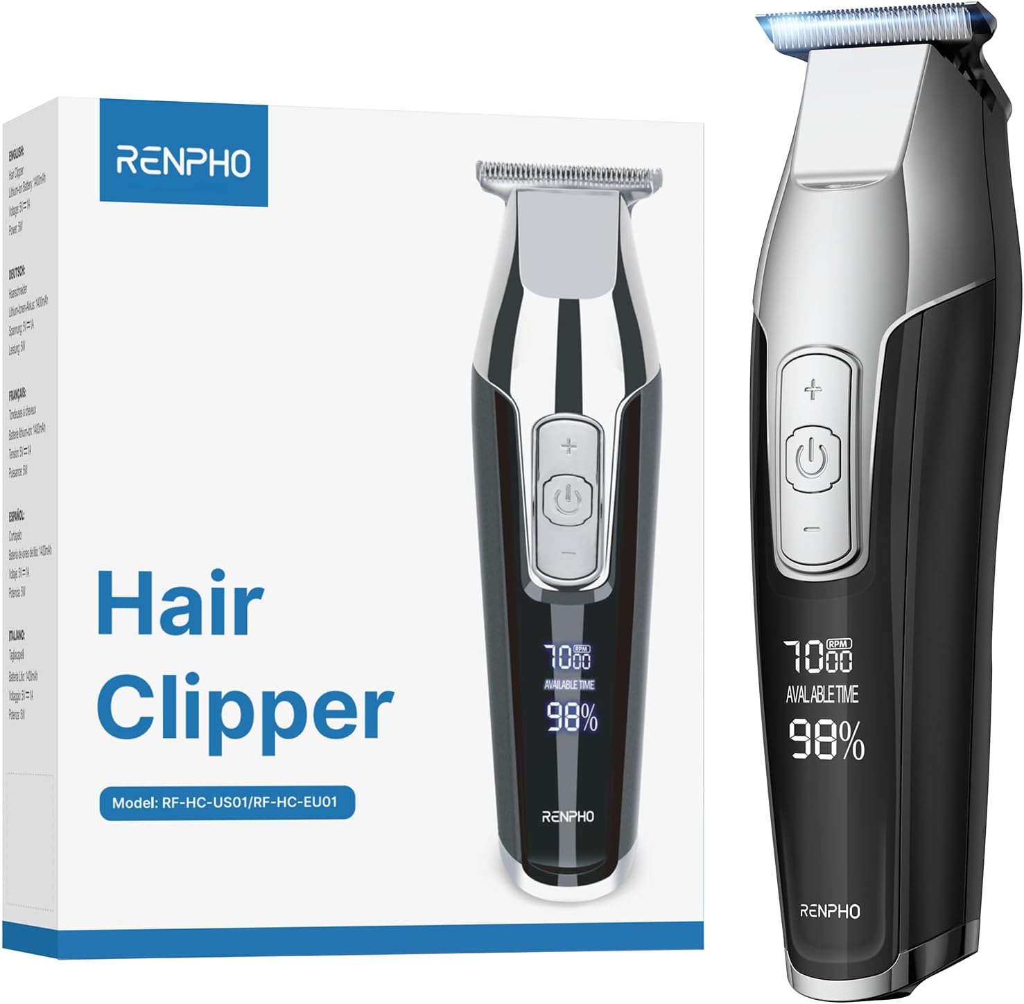 RENPHO Cordless Hair Clippers for Men, Beard Trimmer with LED Display, 4-Speed Hair Trimmer for Men, 0.15mm Professional Barber Clippers, Hair Cutting Kit, 100-240V for Global Travel