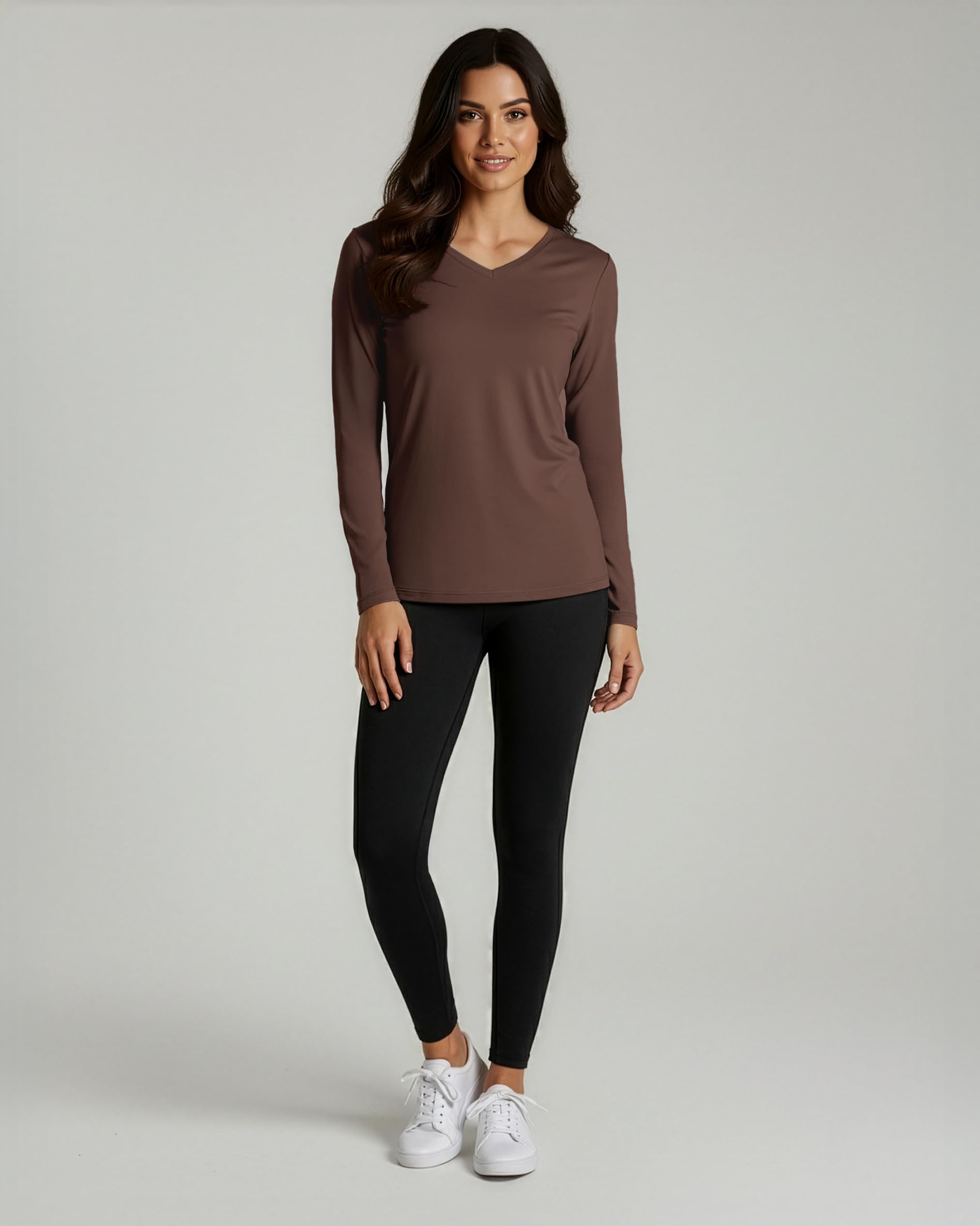Real Essentials Paquete de 4: camiseta deportiva de manga larga con cuello en V para mujer, camiseta deportiva de entrenamiento para gimnasio (Plus