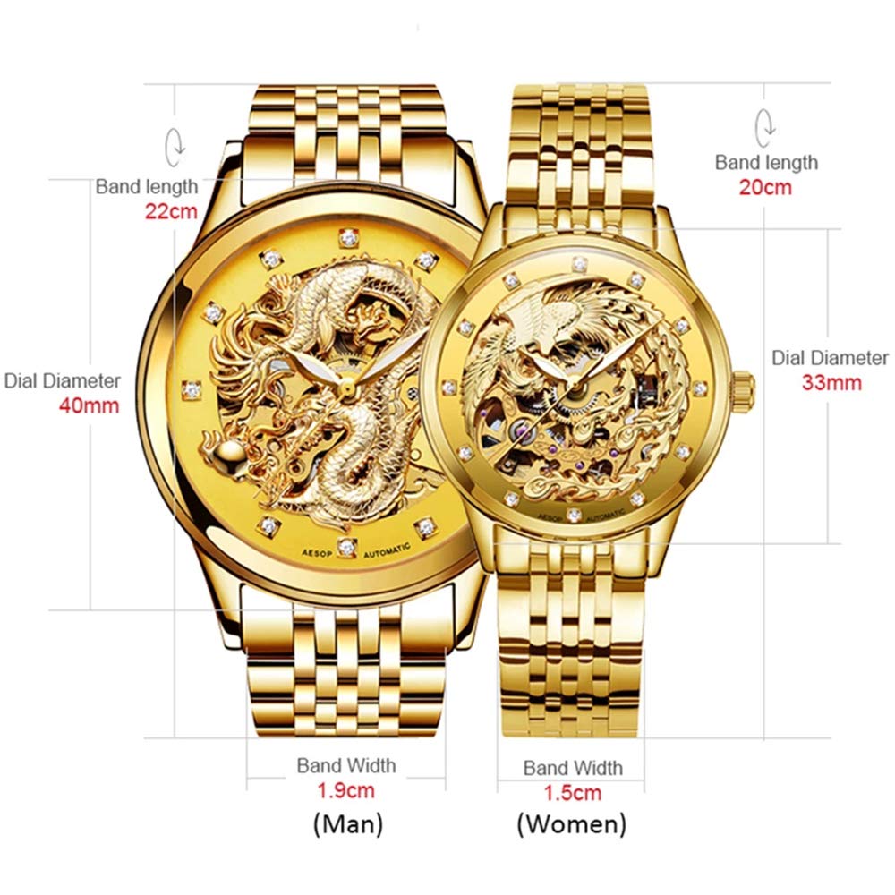 MASTOP Relojes para parejas de zafiro para hombres y mujeres, juego de parejas, mecánicos automáticos, de acero inoxidable, resistentes al agua