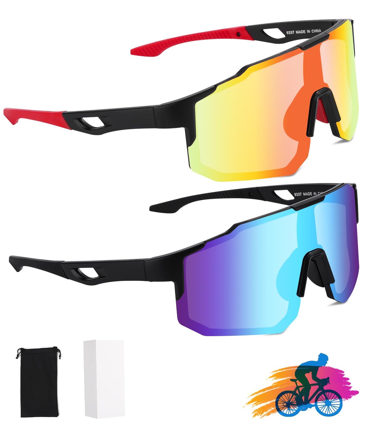 FAOKZE 2 Gafas Polarizadas y Cortaviento para Bicicleta, Gafas de Ciclismo para Hombre Mujer, Protección UV400 - Ideal para Ciclismo,Motociclismo,Correr,Esquí,Béisbol,Montañismo,Pesca etc.