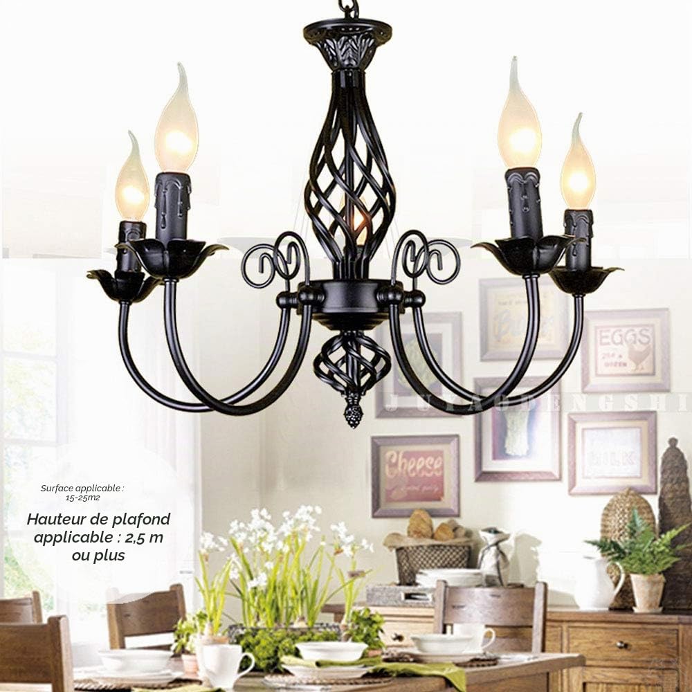 Pendentif Lampe Rétro Lustre Abat-Jour Restaurant Classique Bougie Lustre En Pendentif Réglable En Hauteur E14 Lampe Suspendue En Fer Forgé Salon De Style De Campagne Simple Lampes Pendentif, Noir