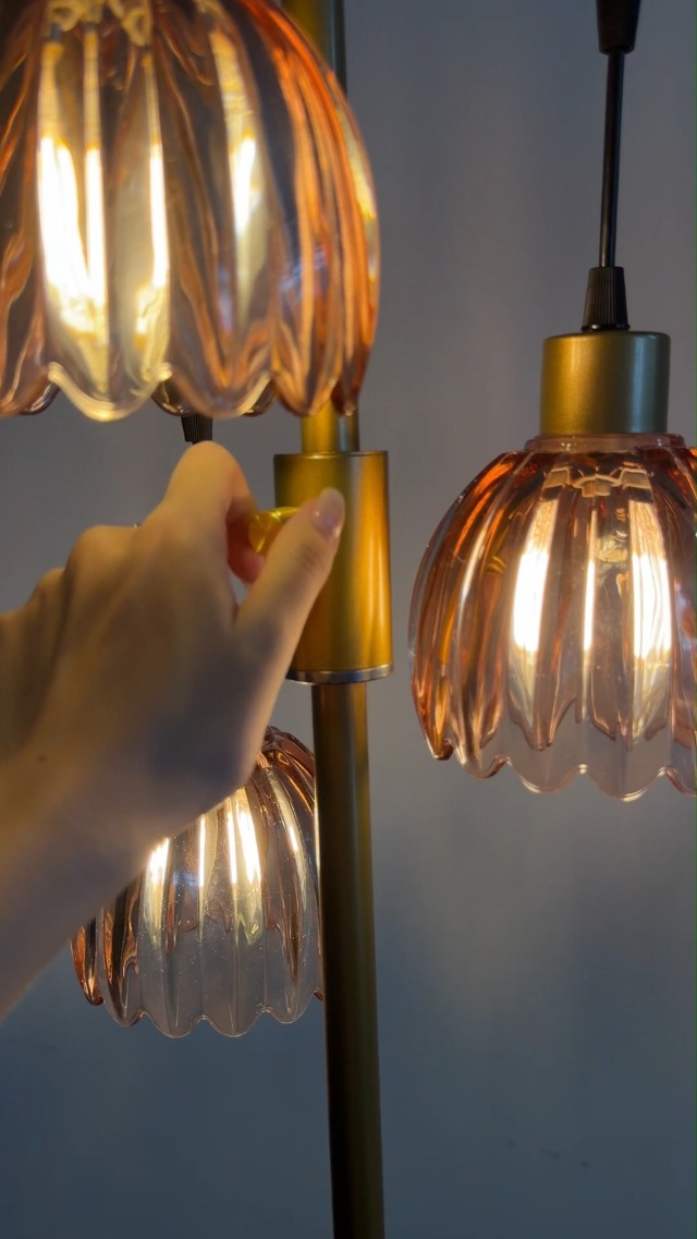 Image of Lightdot Glass Floor Lamp Red Lotus Flower Shade Dimmable Gold Floor Lamp