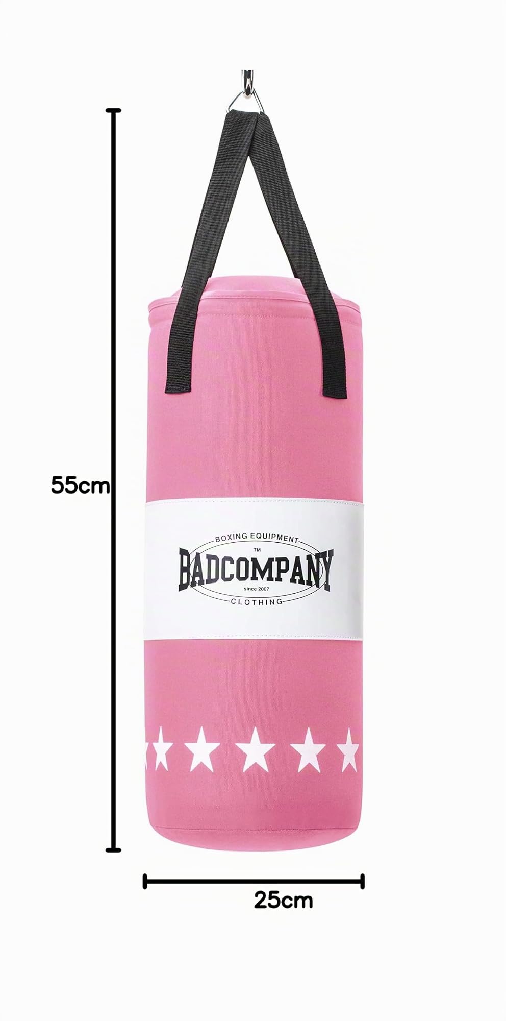 Bad Company Juego de boxeo para niños y adolescentes de hasta 12 años, color rosa, saco de boxeo relleno de 55 x 25 cm y guantes de boxeo para niños de 8 oz, juego de saco de boxeo colgante