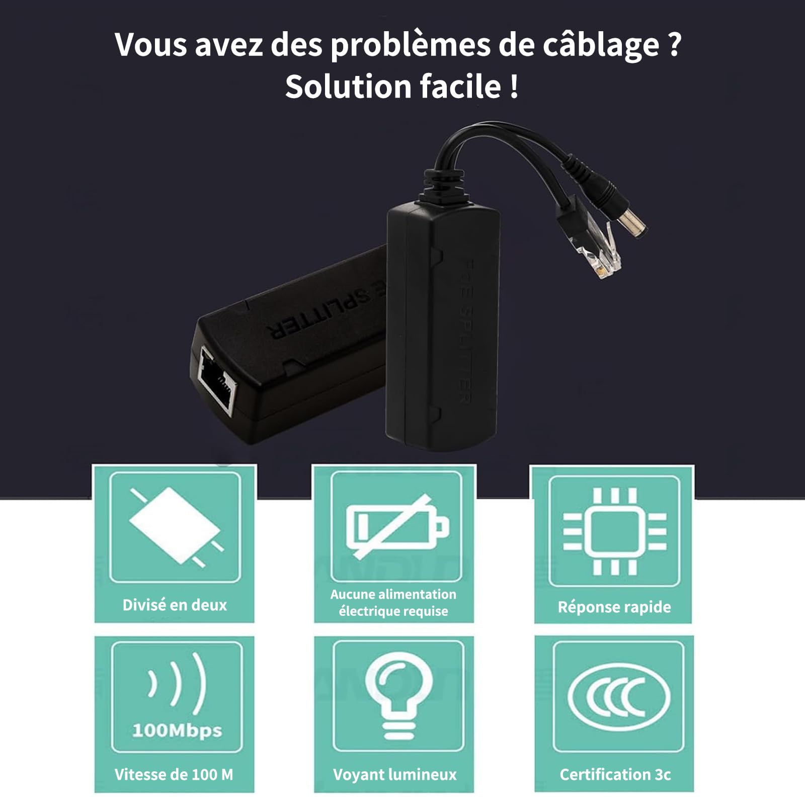 Séparateur PoE Gigabit 48V vers 12V,Splitter Ethernet RJ45,Lot 2 | IEEE 802.3af,Sortie 12V Stable,1000 Mbps,Compatible Caméra IP, PTZ, CCTV, AP WiFi