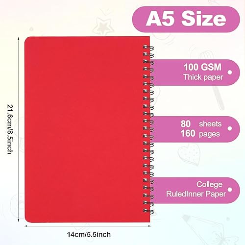 Miniatura 2 de Paquete de 6 cuadernos de espiral A5 con rayas universitarias, cuaderno de espiral de tapa dura de 5.5 x 8.5 pulgadas, cuaderno de espiral para