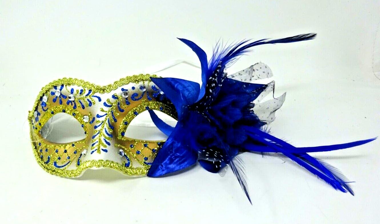 The Good Life BLUE IVORY GOLD VENETIAN MASQUERADE PARTY BALL CARNIVAL WITH FLOWER & DIAMONTES MASK