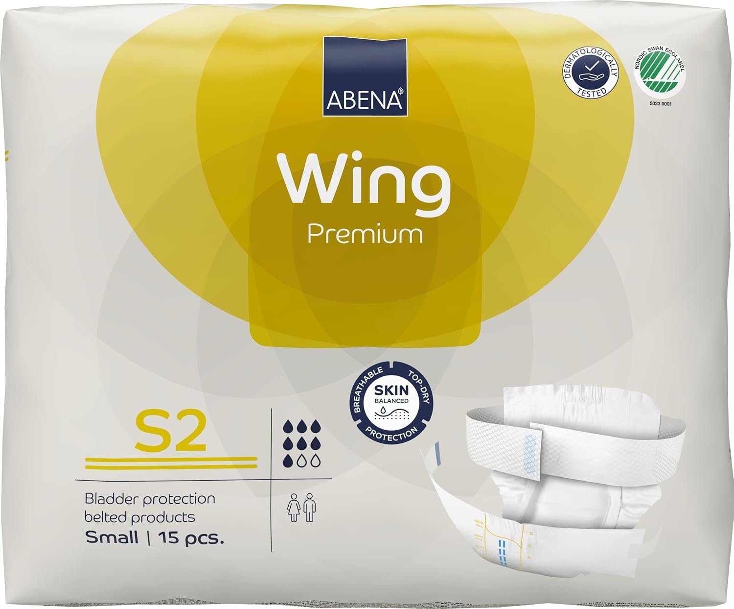 ABENA Wing Premium S2, Pack of 15, 1800ml, Adult Belted Incontinence Pads for Men & Women, Fast Absorption, Discreet & Effective Shape, Breathable & Comfortable, for Moderate to Heavy Incontinence