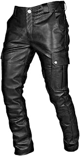 Mens Steampunk Faux Leather Biker Pants Retro Metallic...