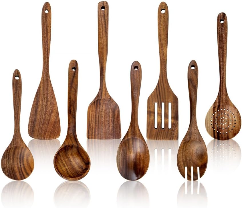8 Pieces Wooden Spoons for Cooking, 100% Natural Teak Wooden Kitchen Utensils Set, Wooden Utensils Set for Cooking, Non-Stick, Comfort Grip, Easy to Clean
