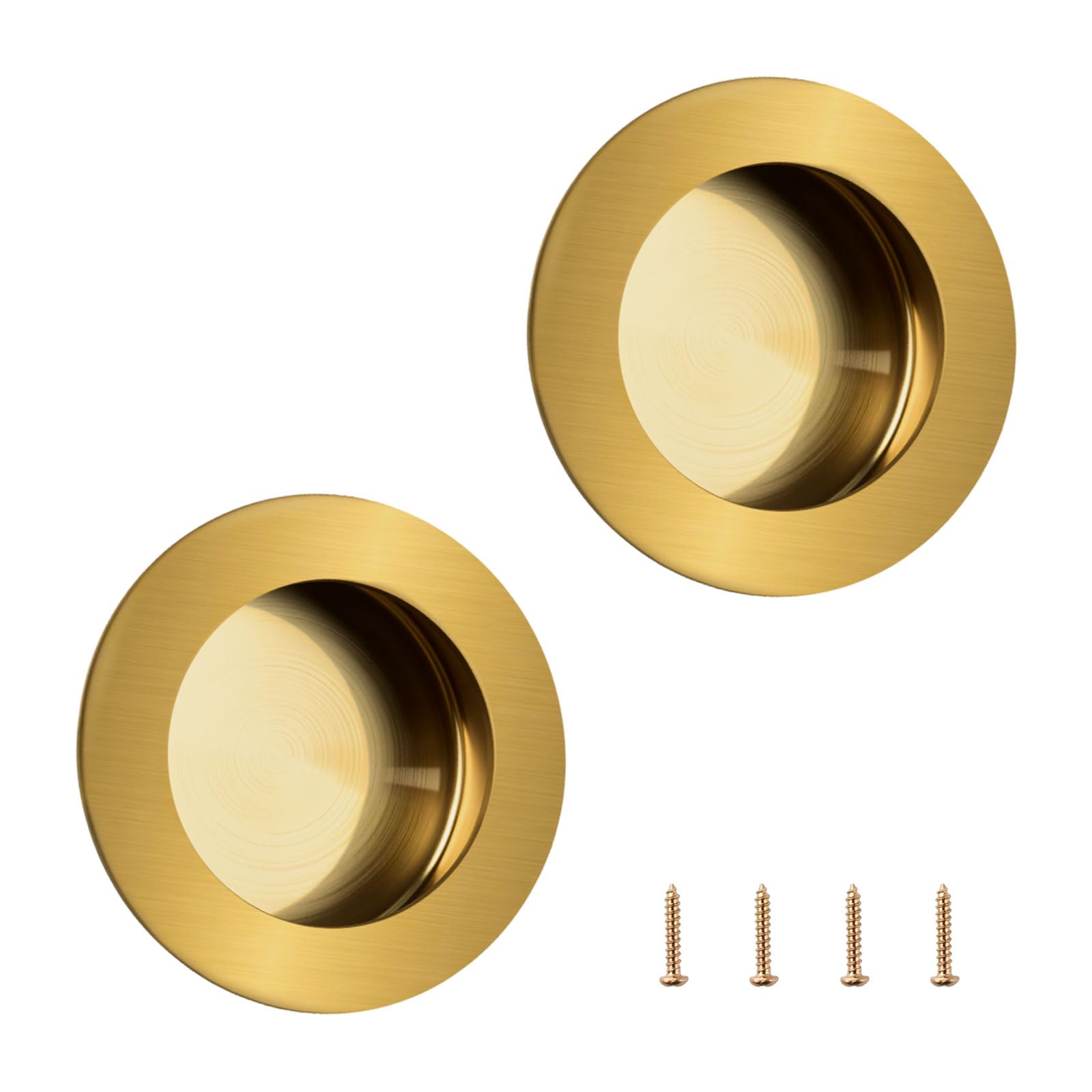 MOROBOR Round Finger Pull, 2 Pcs Brushed Gold Flush Pulls Recessed Handles Stainless Steel Invisible Door Handle for Sliding Barn Doors Drawer Cupboard Wardrobe/60mm
