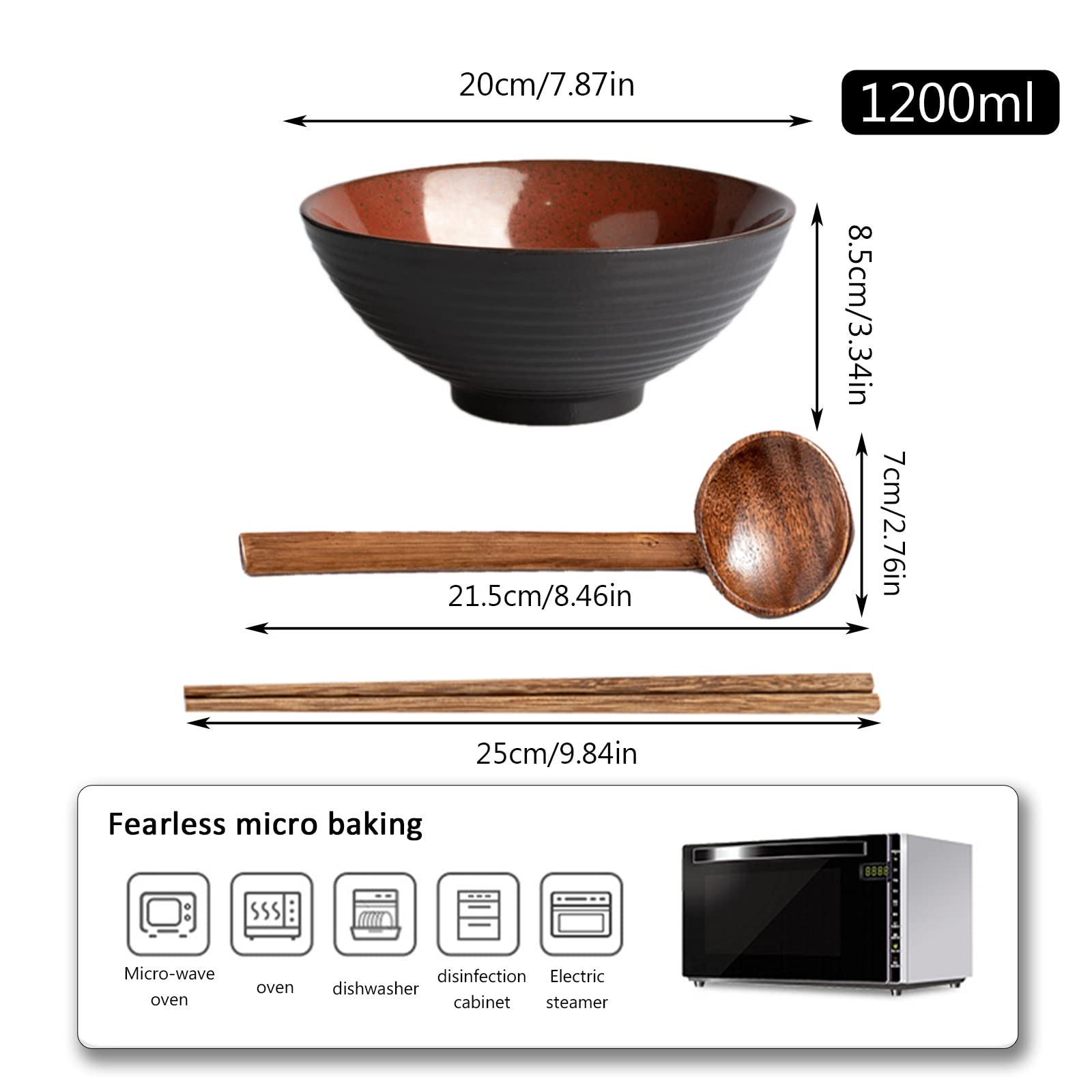 2 Pieza Cuenco de cerámica para ramen 1200ml Tazones de Sopa de Fideos Ramen con Cuchara y Palillos,Aptas para el Lavavajillas