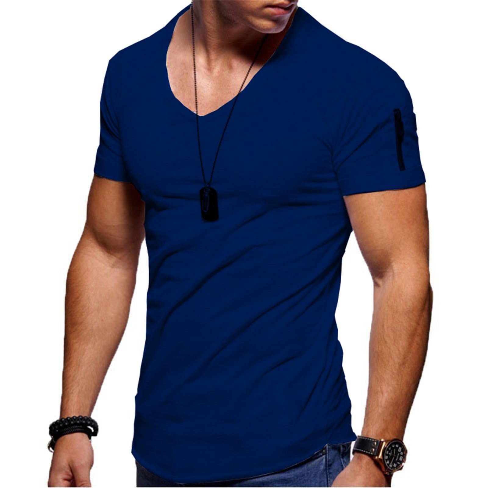 Maiyifu-GJ Men's Muscle Workout V Neck Tee Athletic Bodybuilding Short Sleeve Shirts Stretch Slim Fit T Shirts with Zipper (Dark Blue 2,3X-Large)
