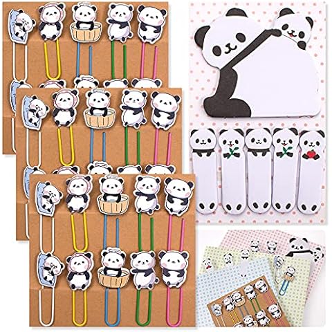 pandaonly 30Pcs Panda Paperclip Bookmarks, 3 Set Cute Panda Bookmark Clips with 1 Sheet Panda Sticky Notes-Funny Paperclips Bookmarks Planner Clips of Animal for Office Supplies Coworkers Gifts Cover