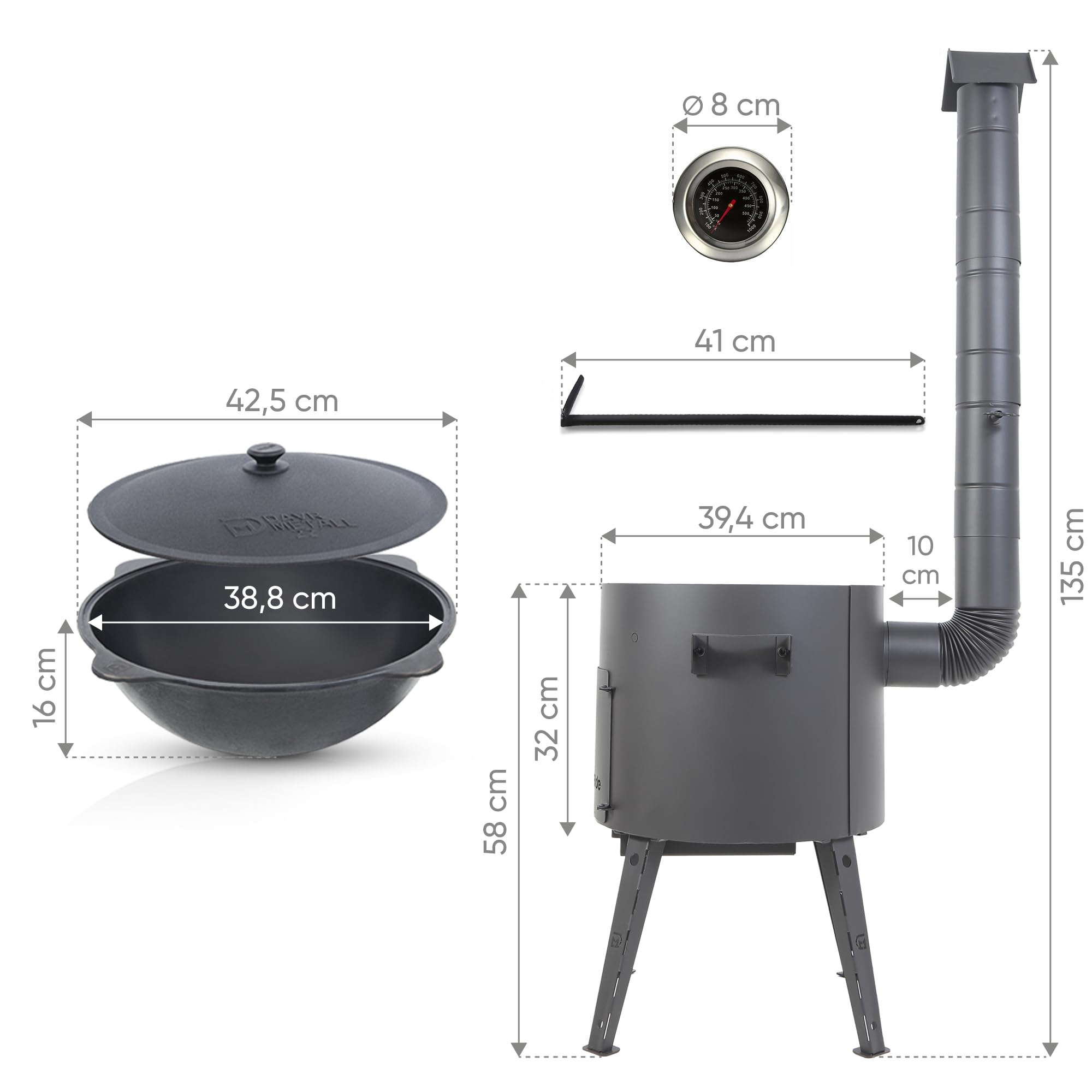 Utschak Feuerofen Ø 40 cm mit Thermometer & Gusseisen Topf 12 L, Ø 42,5 cm | Kazan-Set mit Deckel | Учаг Outdoor Feuerschale & Gulaschkanone | Usbekischer Kochtopf aus Gusseisen, Gartenküche
